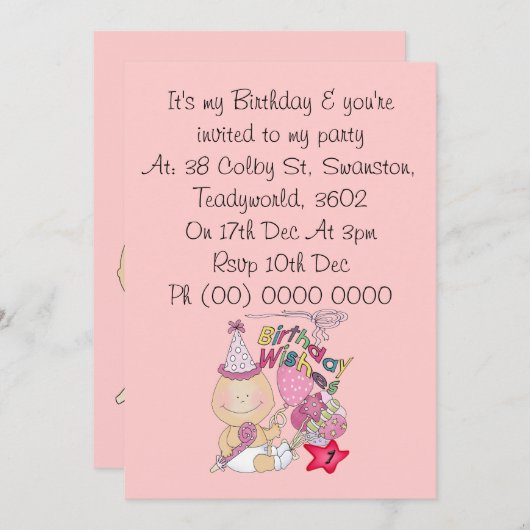 ハッピーバースデーガールが1歳を願う 招待状 (正面/裏面)