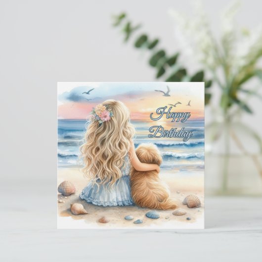 ハッピーバースデーガールと子犬のビーチ カード (スタンド正面)