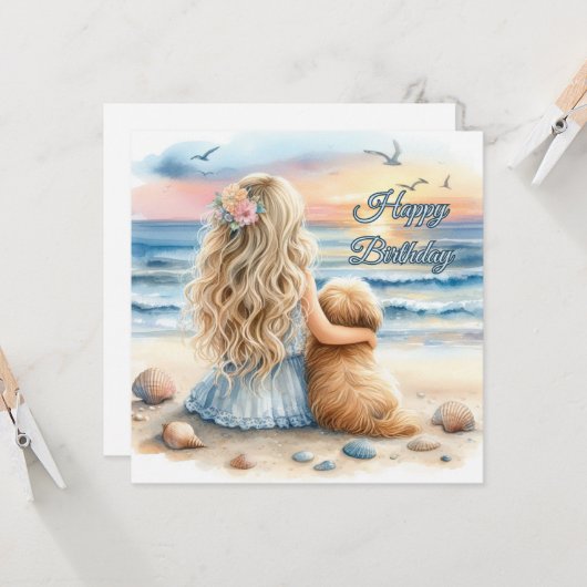 ハッピーバースデーガールと子犬のビーチ カード (正面/裏面インサイチュ)