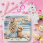 ハッピーバースデーガールと子犬のビーチ ペーパープレート (パーティー)