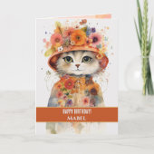 ハッピーバースデーガールオレンジキャットワイドアイズフローラ カード (正面)