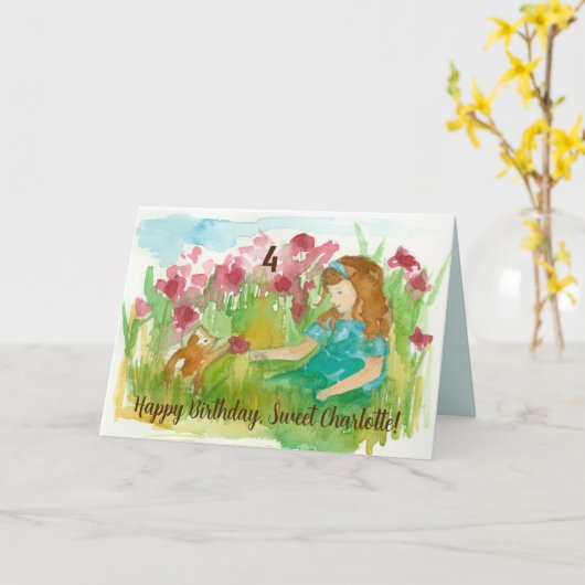 ハッピーバースデーガールキットンカスタムエージ名 カード (黄色い花)