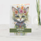 ハッピーバースデーガールグリーンキャットワイドアイズフローラ カード (正面)