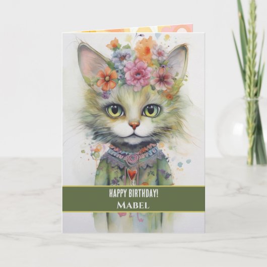 ハッピーバースデーガールグリーンキャットワイドアイズフローラ カード (正面)