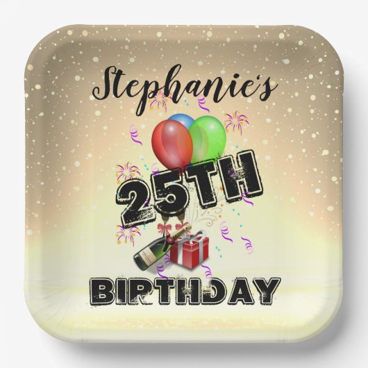 ハッピーバースデーガールゴールドと風船紙皿 ペーパープレート (正面)