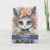 ハッピーバースデーガールパープルキャットワイドアイズフローラ カード (正面)