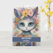 ハッピーバースデーガールパープルキャットワイドアイズフローラ カード (黄色い花)