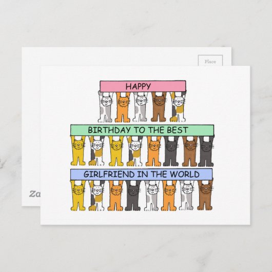 ハッピーバースデーガールフレンドの漫画の猫 ポストカード (正面/裏面)