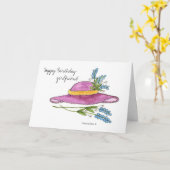 ハッピーバースデーガールフレンド*ピンクハット カード (黄色い花)