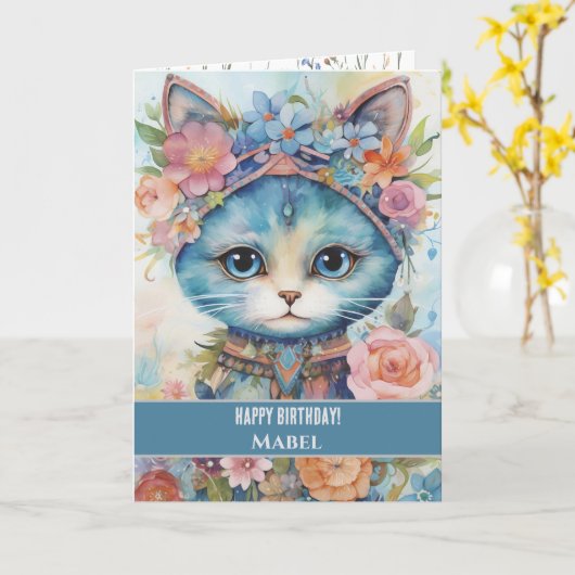 ハッピーバースデーガールブルーキャットワイドアイズフローラ カード (黄色い花)