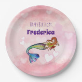 ハッピーバースデーガールレインボーマーメイドイラストレーション ペーパープレート (正面)