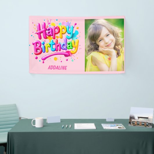 ハッピーバースデーキッズピンクイエローグラフィティ写真 横断幕 (トレードショー)