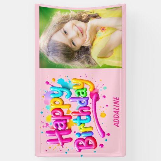 ハッピーバースデーキッズピンクイエローグラフィティ写真 横断幕 (縦)