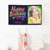 ハッピーバースデーキッズブラックオレンジピンク写真 横断幕 (インサイチュ)