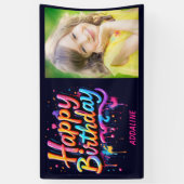 ハッピーバースデーキッズブラックオレンジピンク写真 横断幕 (縦)