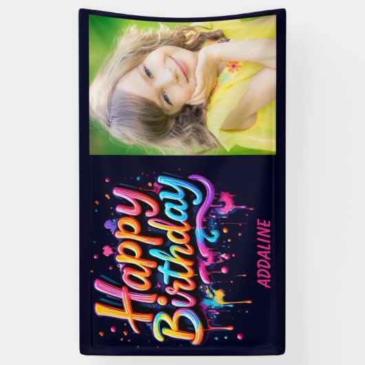 ハッピーバースデーキッズブラックオレンジピンク写真 横断幕 (縦)