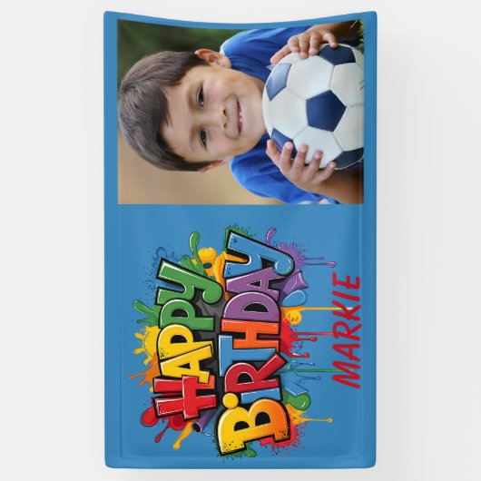 ハッピーバースデーキッズブルーイエローレッドフォト 横断幕 (縦)