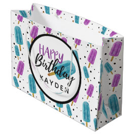 ハッピーバースデーキッドの名前サマーアイスポップ・アートのパーティー ラージペーパーバッグ