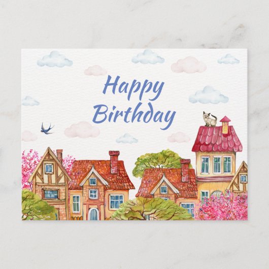 ハッピーバースデーキャットオンザルーフトップ ポストカード (正面)