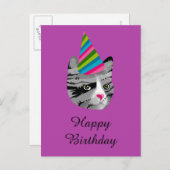 ハッピーバースデーキャットパーティーハット インビテーションポストカード (正面/裏面)