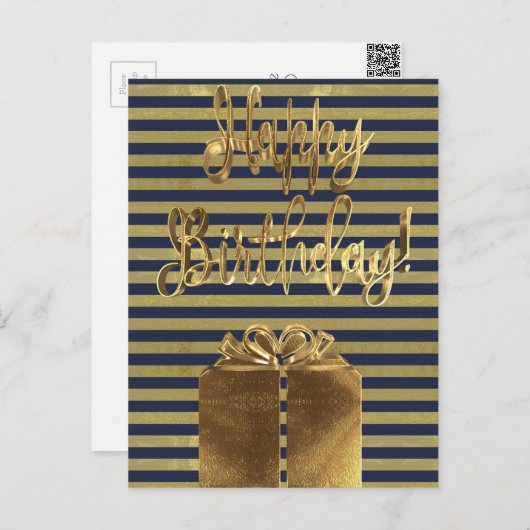 ハッピーバースデーギフトブルー金ゴールドタイポグラフィ ストライプの ポストカード (正面/裏面)