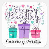 ハッピーバースデーギフトボックスカスタマイズオン白 スクエアシール (正面)