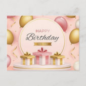 ハッピーバースデーギフト愛ケーキ金ゴールドピンク風船 ポストカード (正面)