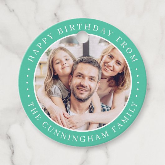 ハッピーバースデークラシックシンプルの家族写真 フェイバータグ (正面)