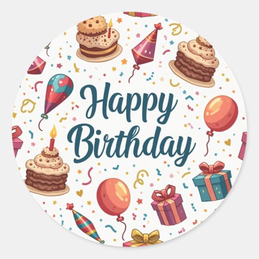 ハッピーバースデークラシック丸ステッカー付きバルーン ラウンドシール (正面)