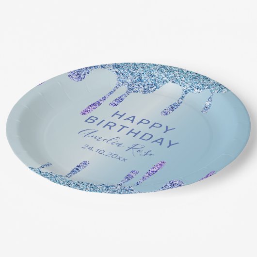 ハッピーバースデークールグリッタードリップスブルーメタリック ペーパープレート (アングル)