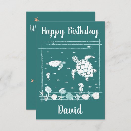 ハッピーバースデークールブルー水中海 サンキューカード (正面/裏面)