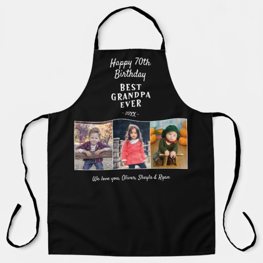 ハッピーバースデーグランパ3枚フォトブラックエプロン エプロン (正面)