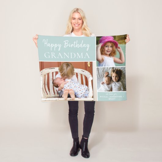 ハッピーバースデーグランマフォトコラージアクア フリースブランケット (インサイチュ)