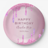 ハッピーバースデーグリッタードリップピンク金属 ペーパープレート (正面)