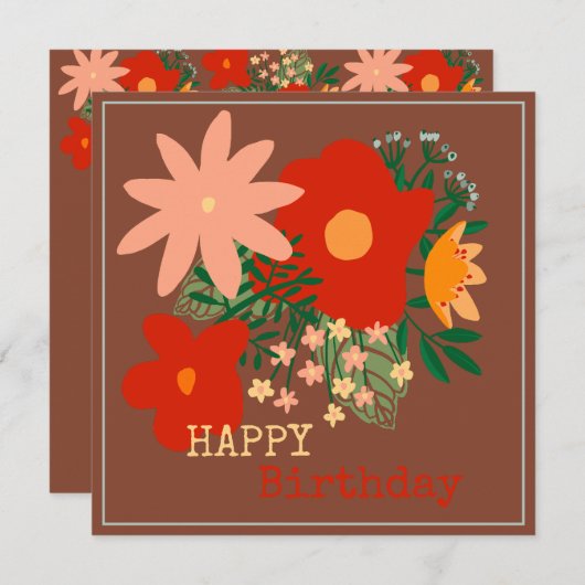 ハッピーバースデーグリーティングカードオリジナルフラワーブラウン 招待状 (正面/裏面)