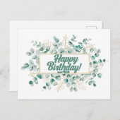 ハッピーバースデーグリーンアンドゴールデンユーカリ葉ス ポストカード (正面/裏面)