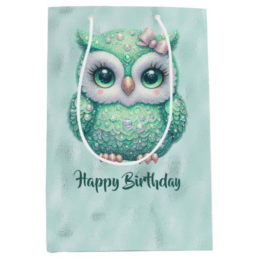 ハッピーバースデーグリーンフクロウオングリーン ミディアムペーパーバッグ (正面)