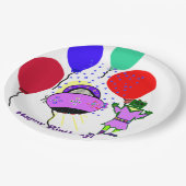 ハッピーバースデーグリーンロボットピンクパープル宇宙船 ペーパープレート (アングル)