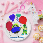 ハッピーバースデーグリーンロボットボーイブルー宇宙船 ペーパープレート (パーティー)