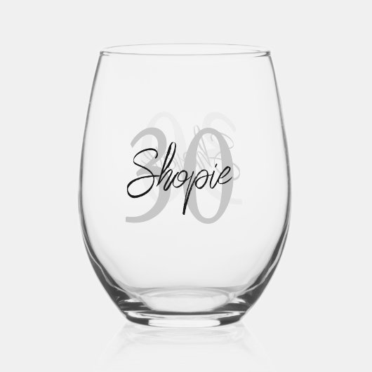 ハッピーバースデーグレイとブラックパーソナライズされた ステムなしワイングラス (正面)