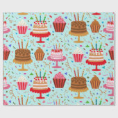 ハッピーバースデーケーキとカップケーキの青のパターン ラッピングペーパー (フラット)