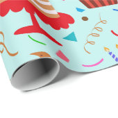 ハッピーバースデーケーキとカップケーキの青のパターン ラッピングペーパー (ロールコーナー)