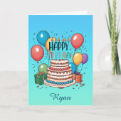 ハッピーバースデーケーキと風船の青グラデーション色 カード (正面)