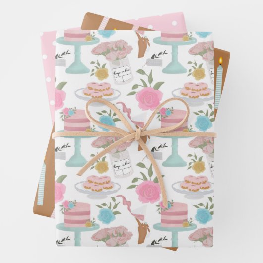 ハッピーバースデーケーキキャンドルと斑模様 ラッピングペーパーシート (インサイチュ)