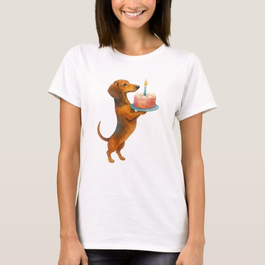 ハッピーバースデーケーキダックスシャント子犬ウィーナー犬 Tシャツ (正面)