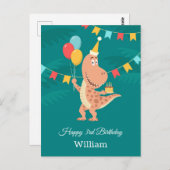 ハッピーバースデーケーキバルーンかわいい恐竜 ポストカード (正面/裏面)
