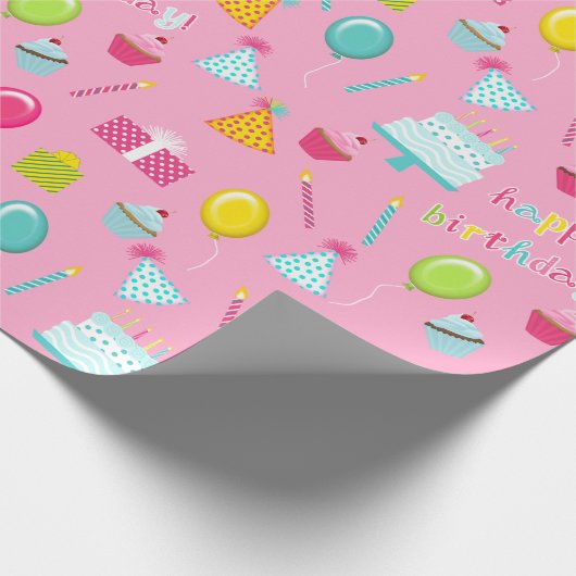 ハッピーバースデーケーキバルーンろうそくプレゼントアクア ラッピングペーパー (角)