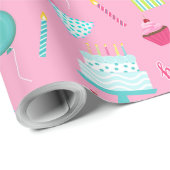 ハッピーバースデーケーキバルーンろうそくプレゼントアクア ラッピングペーパー (ロールコーナー)