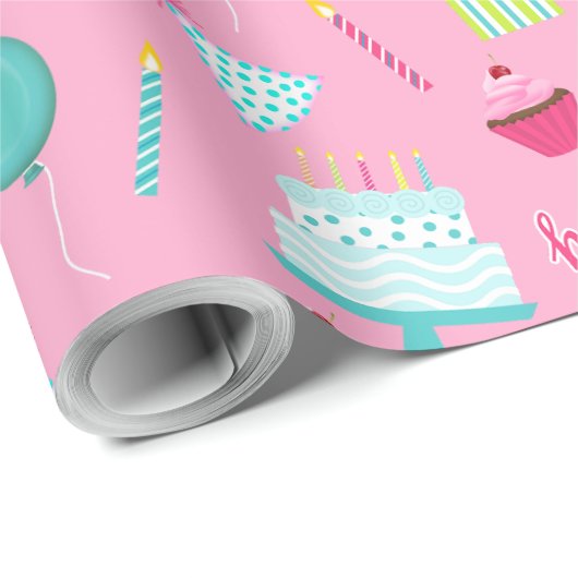 ハッピーバースデーケーキバルーンろうそくプレゼントアクア ラッピングペーパー (ロールコーナー)