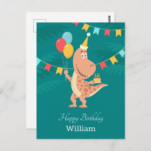 ハッピーバースデーケーキバルーン可愛い恐竜はがき ポストカード (正面/裏面)